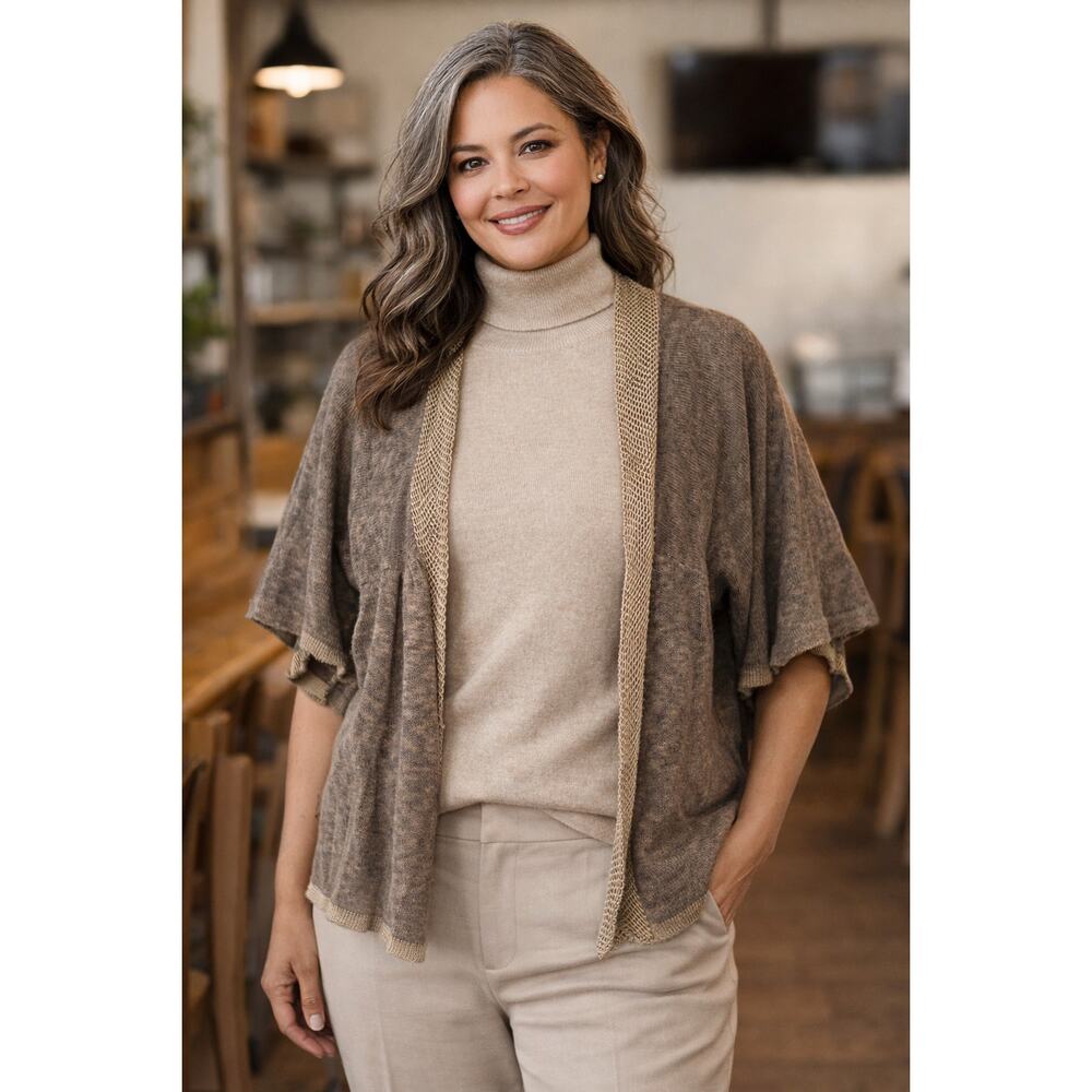 Margraet O'Leary Greige Cotton Linen Knit Open Cardigan Women's‎ L